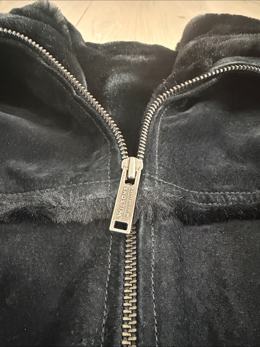 Wilson’s Leather Vintage Suede-Look Shearling Fur Trim Jacket Black Size Small - Picture 5 of 9
